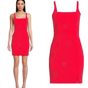 Planet Gold Red Rhinestone Heart Square Neck Front Slit Mini Dress